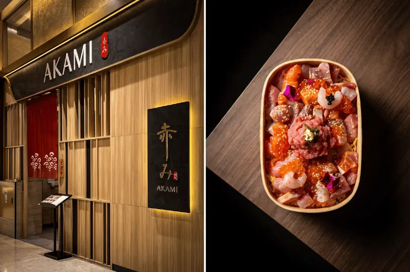 A split image highlighting the sleek light-wood facade of AKAMI on the left, and an overhead view of an oval bento box filled with diced sashimi, ikura, minced tuna with gold leaf, and edible flower petals on the right.