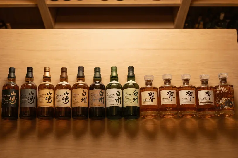 A premium collection of Japanese whiskey bottles, including Yamazaki, Hakushu, and Hibiki, lined up on a wooden bar counter.