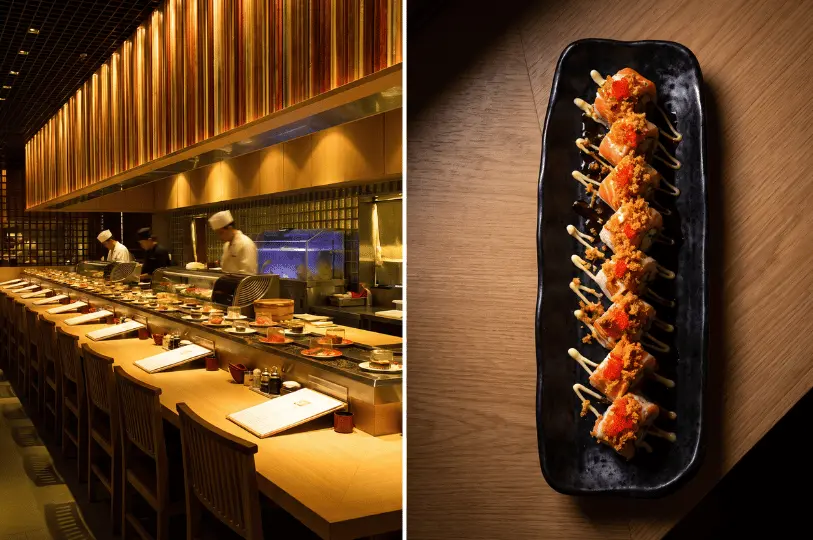 A split image showing a long, warmly lit sushi counter with chefs at work on the left, and a top-down view of a specialty sushi roll topped with crispy tempura flakes and tobiko on the right.