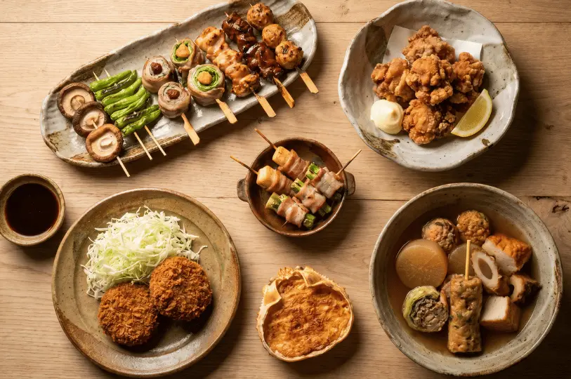 Top-down flat lay of Japanese izakaya dishes including yakitori skewers, chicken karaage, croquettes, and a bowl of oden.