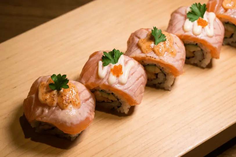 A close-up of flame-seared salmon rolls lined up on a wooden serving board, topped with dollops of creamy sauce, mentaiko, tobiko, and fresh parsley sprigs.