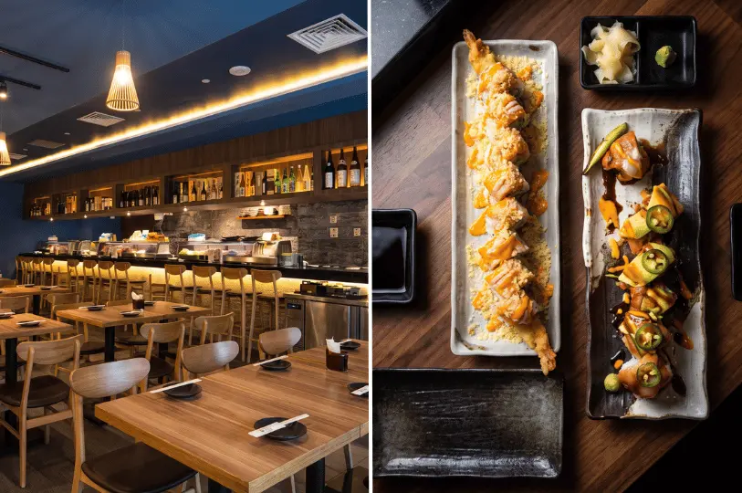 A split image showing a Japanese restaurant's interior with a long sushi bar and wooden dining tables on the left, alongside an overhead shot of two heavily garnished sushi rolls served on long rectangular plates on the right.