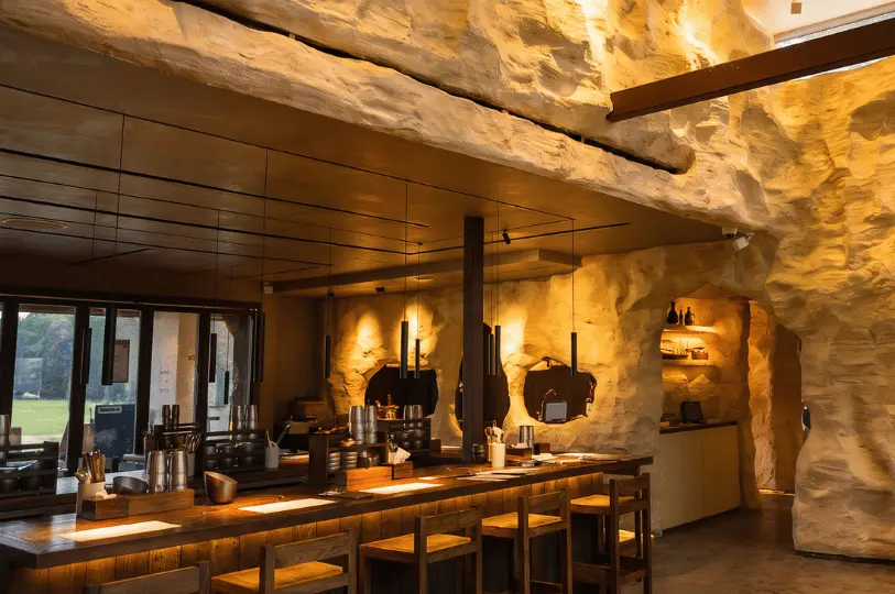 An upscale modern Korean restaurant interior defined by dramatic, cave-like organic stone walls, warm spotlighting, and a long minimalist wooden dining counter lined with matching high wooden chairs.