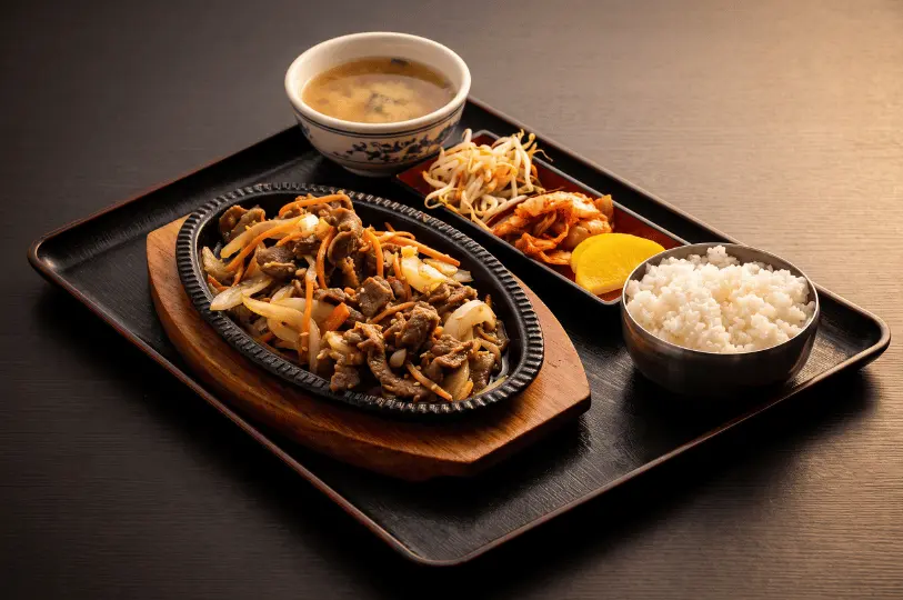 A Korean beef bulgogi hotplate set meal on a black tray, presenting a sizzling oval cast-iron dish of sliced beef and onions accompanied by a bowl of white rice, soup, kimchi, bean sprouts, and pickled radish.