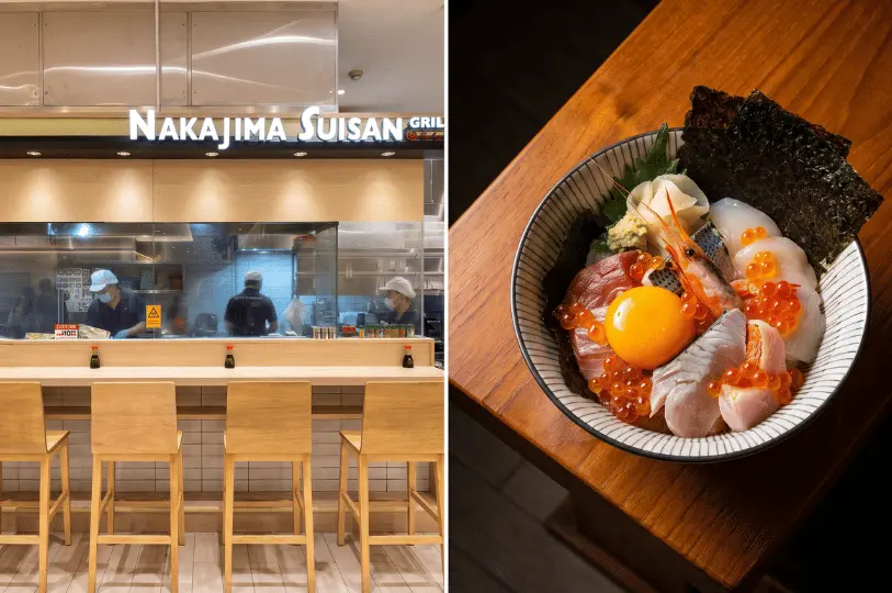 A split image displaying the Nakajima Suisan Grilled Fish dining counter with tall wooden stools facing a glass-enclosed kitchen on the left, and a close-up overhead shot of a premium seafood rice bowl topped with assorted raw fish, a whole prawn, salmon roe, and a raw egg yolk on the right.