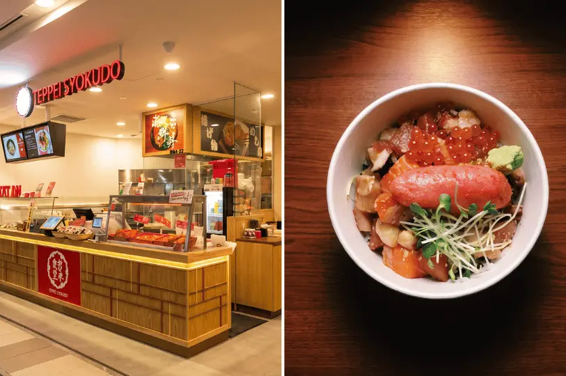 A split view showing the brightly lit storefront of the Teppei Syokudo food stall on the left, and an overhead shot of a vibrant kaisendon bowl topped with cubed raw fish, salmon roe, and a large piece of bright pink mentaiko on the right.