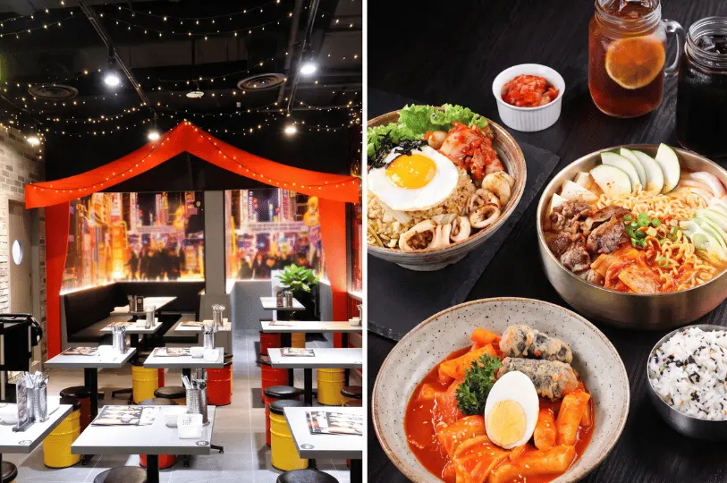 A split image showing a pojangmacha-inspired restaurant interior on the left with orange tent canopies and colorful drum stools, alongside a right-side spread of street food favorites including tteokbokki with gimari, kimchi fried rice with squid, and beef ramyeon.
