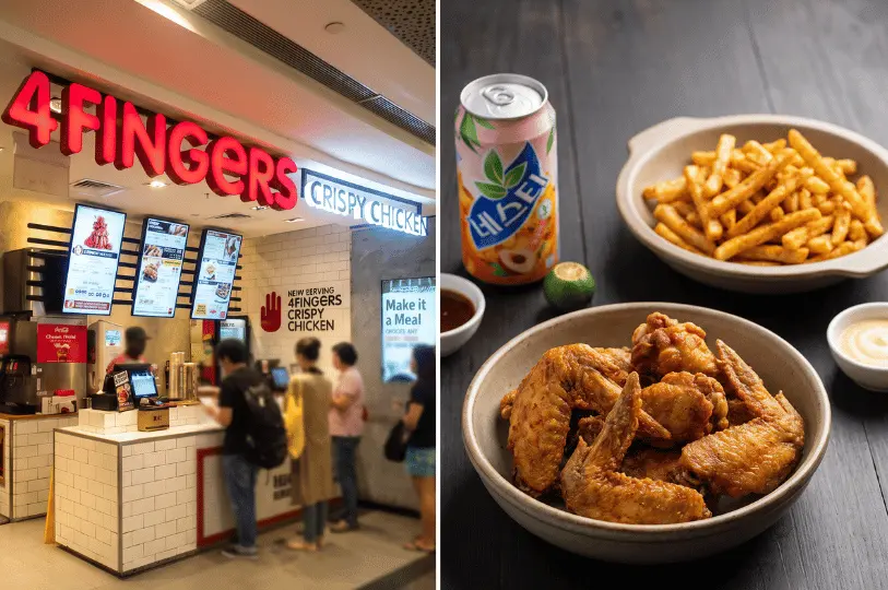 A split image featuring the red neon storefront of 4FINGERS Crispy Chicken on the left, alongside a plated meal on the right with golden soy-garlic fried chicken wings, seasoned french fries, dipping sauce, and a canned drink.