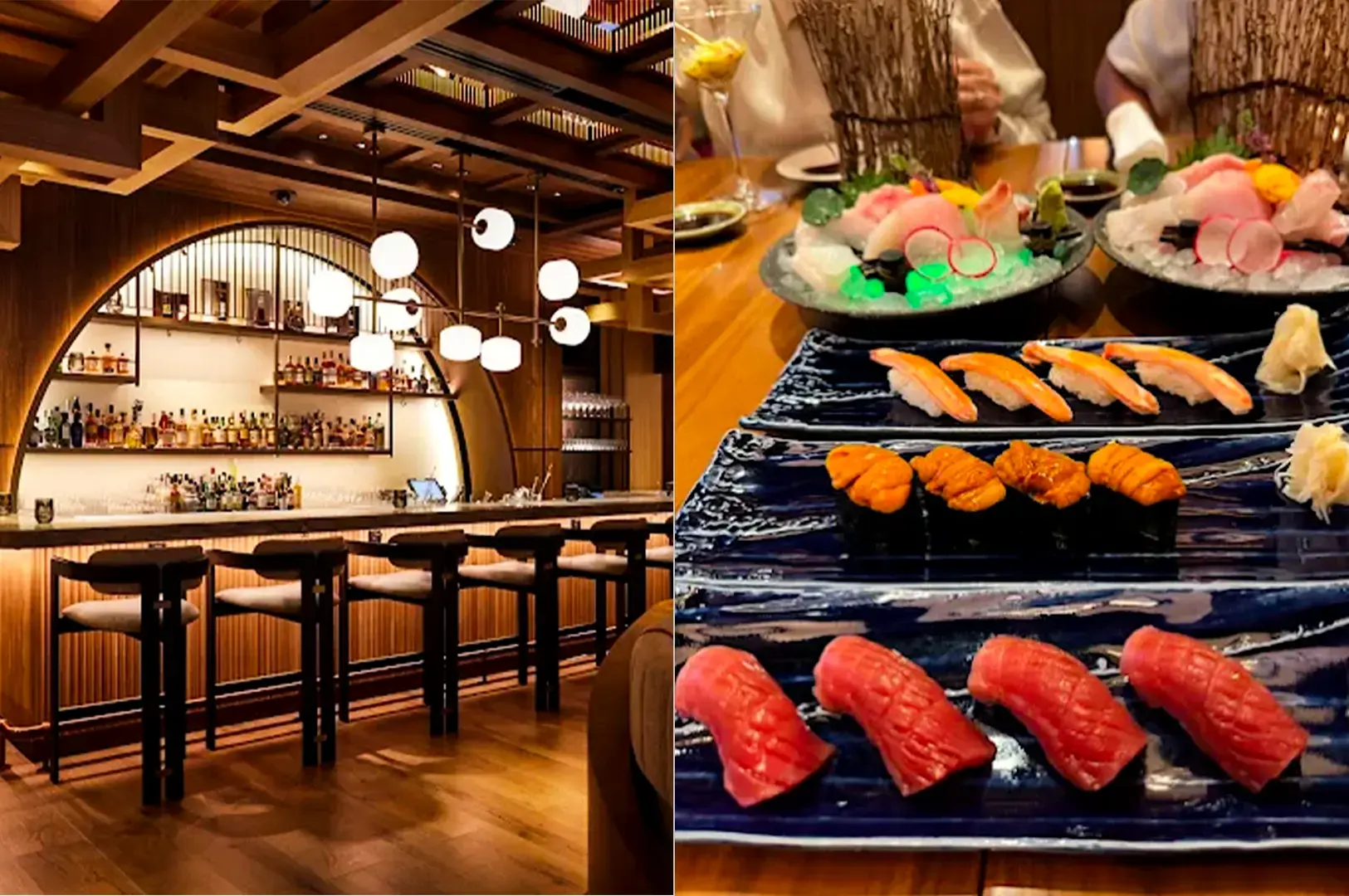 Split image of WAKUDA Restaurant & Bat interior with its empty chairs and counter lit by hanging and back shelf lights on the left and bowls and platters of different sushi and seafood dishes on the right.
