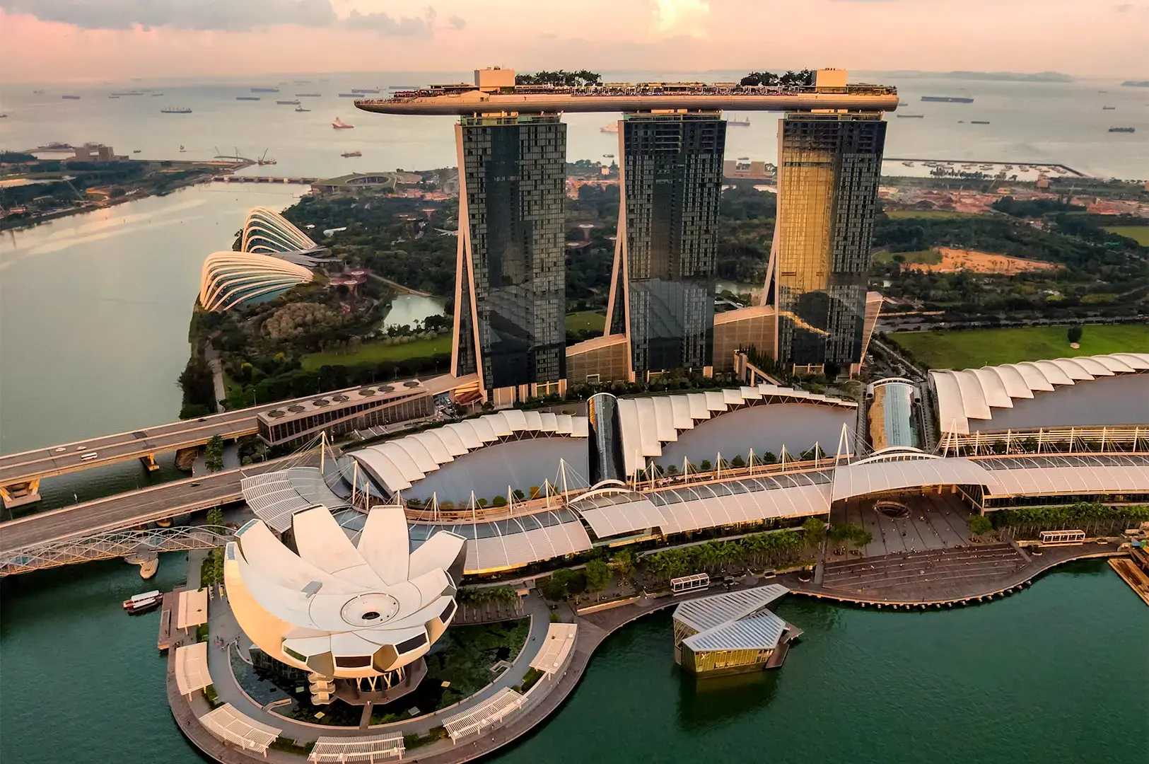 Aerial wide angle view of Marina Bay Sands in Singapore.