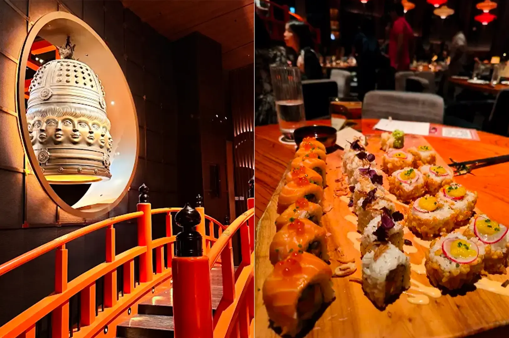 Split image of KOMA Singapore interior with its signature bell and bride on the left and a platter of a variety of sushi dishes on a wooden table on the left.