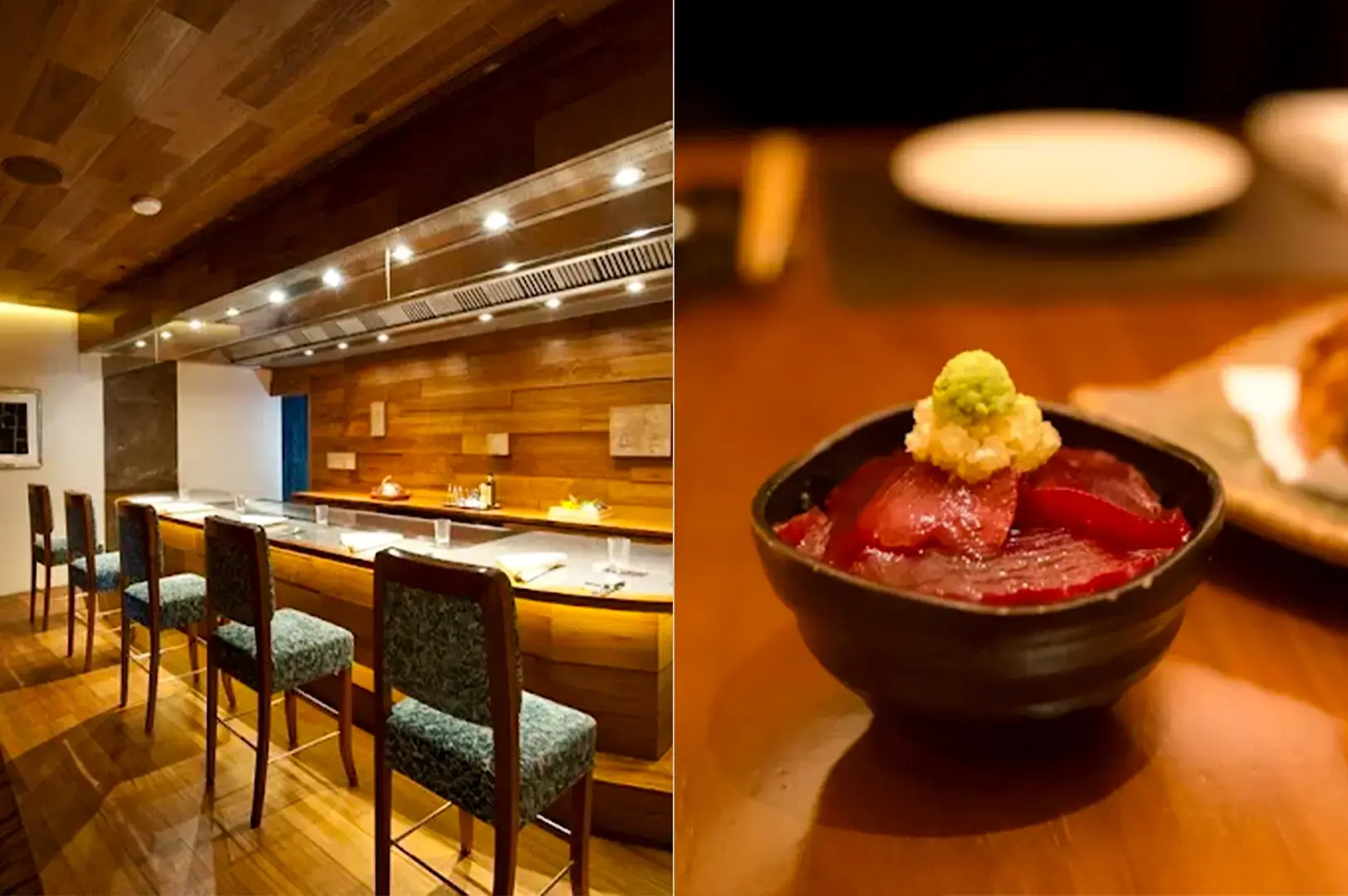 Split image of Waku Ghin by Tetsuya Wakuda interior with warmly lit counter lined with empty chairs on the left and a focused shot of their menu item served in a black round bowl on the right.