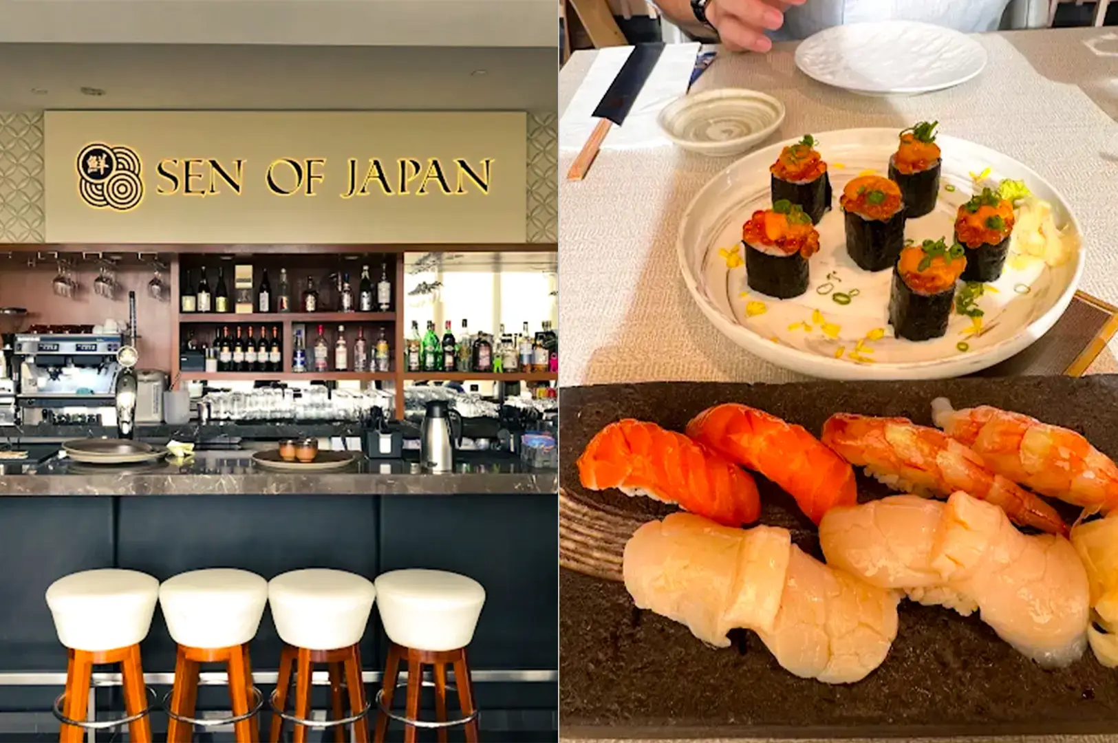 Split image of Sen if Japan interior with its logo signage above the counter with shelves lined with different bottles and empty chairs in front on the left and a platter of sushi on a white plate and other seafood menu items on the right.