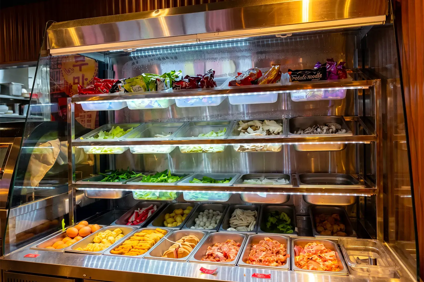 Pocha Korean Street Dining glass food display with fresh ingredients and packaged noodles stacked on four rows of metal trays under a yellow light.
