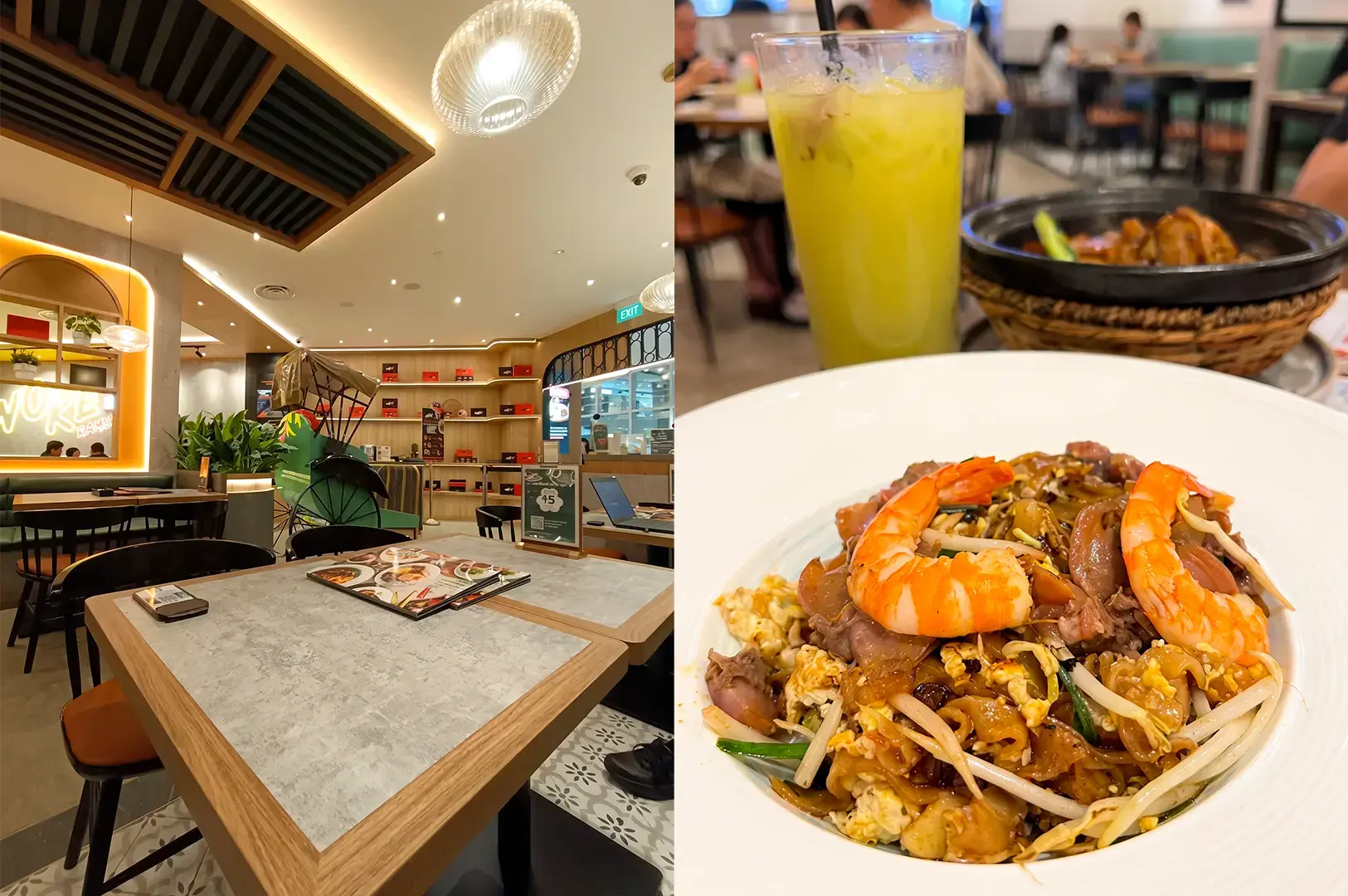 Penang Culture interior with a clean empty table lit by cozy lighting and a serving of their Penang Hokkien Prawn Mee in a white bowl with a glass of juice.