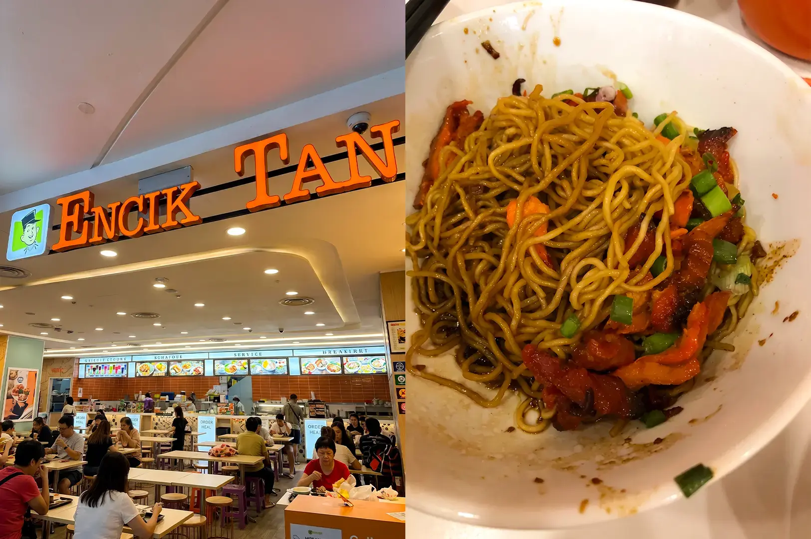 Encik Tan exterior exterior with its simple logo hanging by the entrance and a bowl of fried hokkien mee in a white bowl.