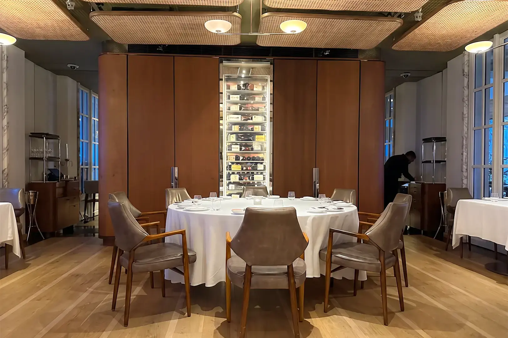 An empty table at the interior center at Spago Dining Room.